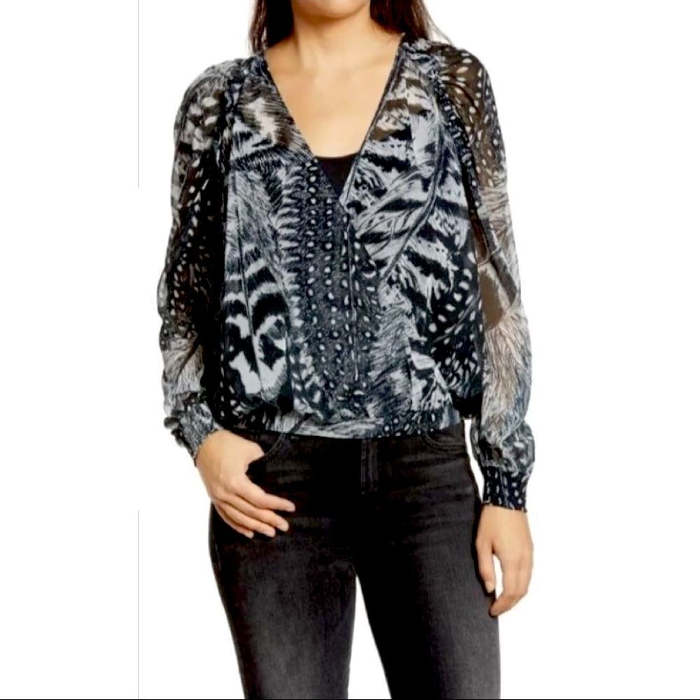 All Saints Fara Stretto Surplice Blouse Feather Print Black & White NWT